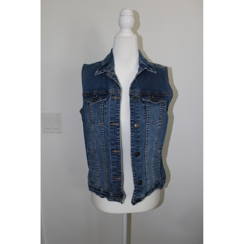 dELiA*s Womens Medium‎ Wash Blue Denim Button Front Trucker Vest Size Large